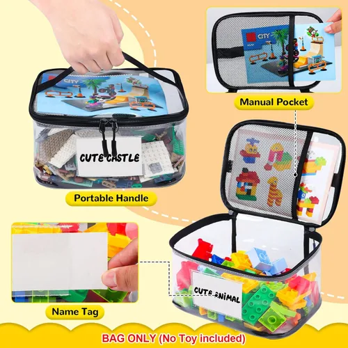 Miniatura 3 de Tesuko Paquete de 6 bolsas transparentes de almacenamiento de juguetes con etiqueta de nombre y bolsillo manual, funda organizadora de juguetes