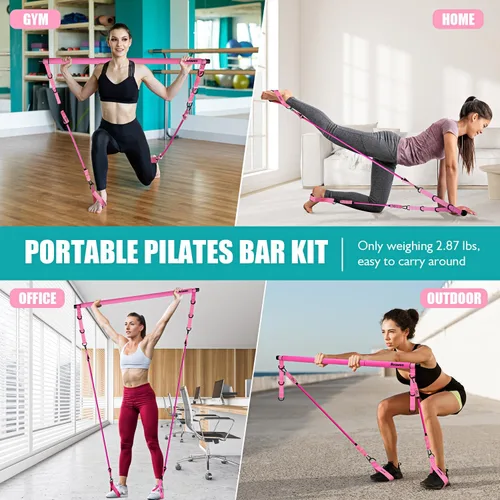 Miniatura 5 de Kit de barra de pilates Ayombo con bandas de resistencia, equipo de entrenamiento de pilates para piernas, cadera, cintura, brazo, equipo de Rosado