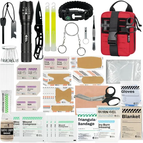 RHINO RESCUE Kit de primeros auxilios de supervivencia, elegible para HSA/FSA, kit de emergencia en bolsa Molle IFAK, kit médico para vehículos, Rojo