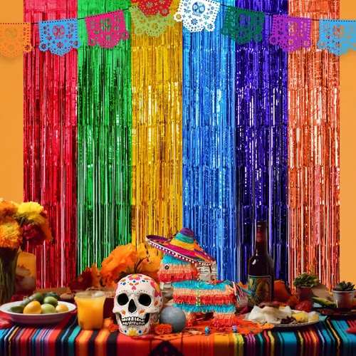Miniatura 8 de Decoraciones de fiesta Mega-L, paquete de 2 decoraciones de fiesta de taco, cortinas de flecos de papel de aluminio, 3.3 x 6.6 pies, serpentinas