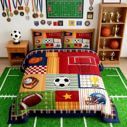 Miniatura 20 de Juego de edredón de fútbol para niños, tamaño individual, con líneas geométricas doradas, campo de fútbol, 2 piezas, para niños, adolescentes