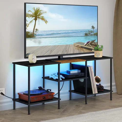 Miniatura 6 de BTY Soporte de TV con luces LED, centro de entretenimiento de TV industrial con estación de carga y estantes de almacenamiento abiertos, consola
