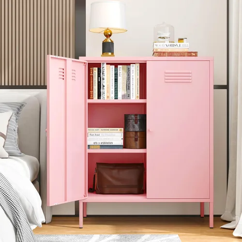 Miniatura 11 de Gabinete de almacenamiento de metal, soporte de TV de 2 puertas, armario decorativo con puertas y estante ajustable, armario de metal, mesita
