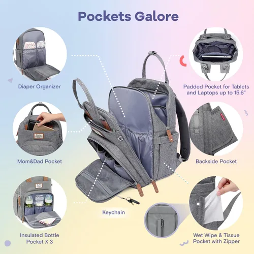 Miniatura 3 de RUVALINO - Mochila de pañales neutrales todo en uno para niños y niñas, mochila de viaje grande multifunción con cambiador portátil, correas