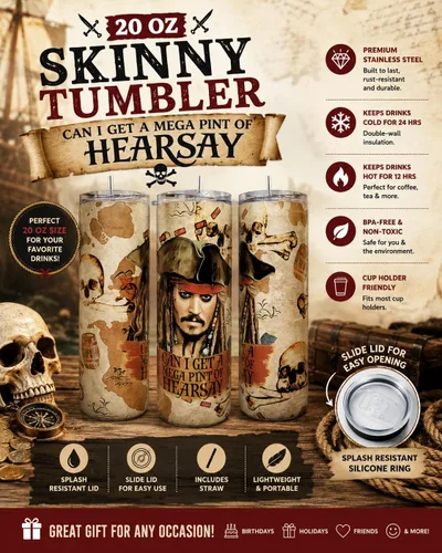 Miniatura 2 de Taza personalizada Mega Pint of Hearsay Depp Jack Sparrow Skinny Tumbler Cup de 20 onzas con popote y tapa, taza portátil de viaje para café