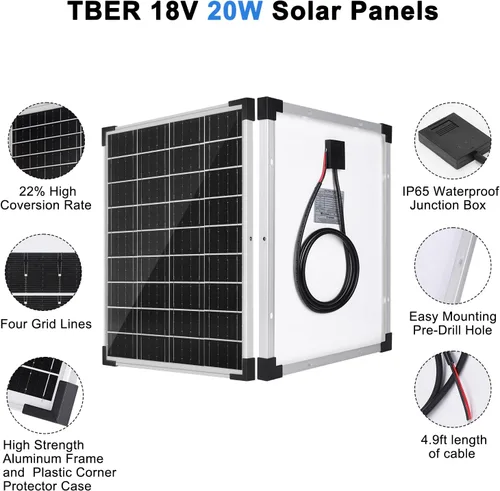 Miniatura 4 de TBER Kit de panel solar de 20 W 12 V, cargador de batería solar con controlador de carga de 10 A y cables de extensión con clips de batería