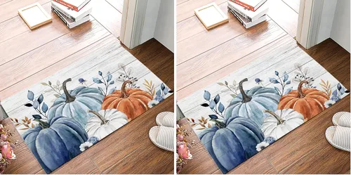 Tapete para puerta de Acción de Gracias, tapete de bienvenida de otoño con calabaza azul, blanca y naranja, tapete antideslizante para el suelo,