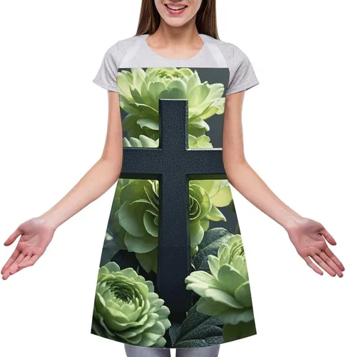 Miniatura 3 de MUSM Apron for Adults - 27.6 X 31.5 Inch, Heavy-Duty Polyester Aprons with Two Large Pockets, Waterproof Black Cross Among Green Flowers Kitchen