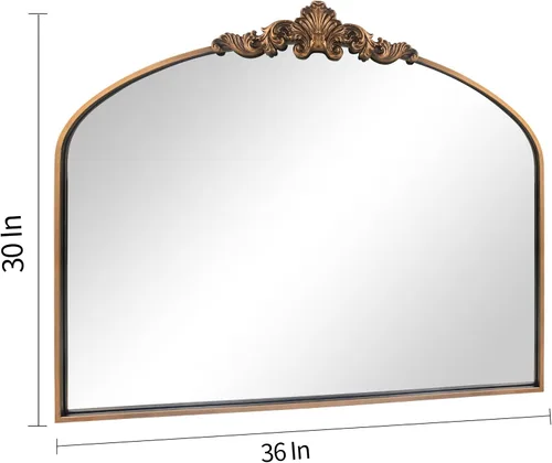 Miniatura 3 de OUSHUAI - Espejo arqueado dorado antiguo, bronce victoriano con marco de metal completo, espejo de pared arqueado para entrada/baño/chimenea 36"X30