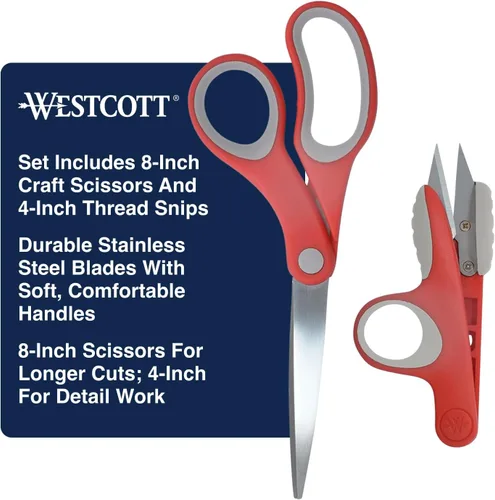 Westcott Juego de tijeras con tijeras de manualidades de 8 pulgadas y tijeras de hilo de 4 pulgadas, tijeras de tela duraderas para costura,