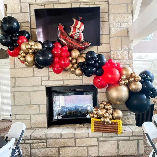 Miniatura 7 de Decoraciones de fiesta de cumpleaños pirata, 142 piezas de guirnalda de globos dorados metálicos rojos, negros, kit de arco de arco de globos