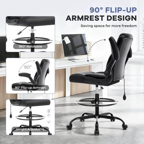 Miniatura 7 de Silla de dibujo de cuero, silla de oficina alta para escritorio de pie, silla de oficina de alto ejecutivo con soporte lumbar inflable, altura