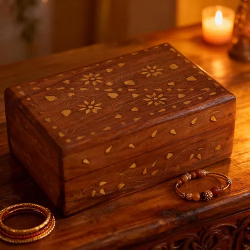 Miniatura 9 de GURU JEE Caja organizadora de madera con incrustaciones de latón floral con incrustaciones de latón