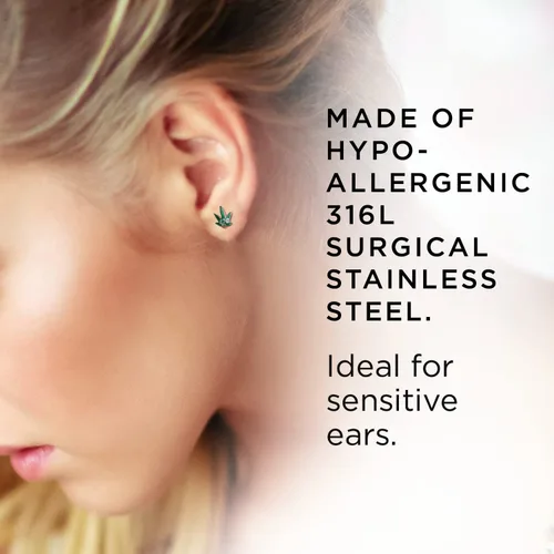 Miniatura 5 de Pierce2GO Aretes tipo dormilona de acero inoxidable con símbolo 420, hoja de maceta verde, aretes de acero quirúrgico para mujeres y hombres, juego