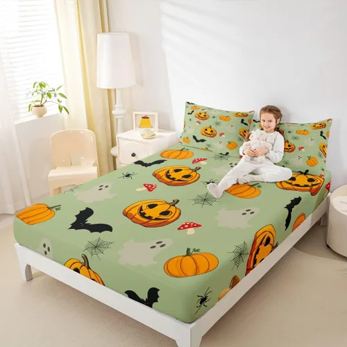 Miniatura 33 de Erosebridal Sábana bajera ajustable de Halloween, diseño de calabaza de dibujos animados, diseño de arco iris para niños, niñas, adolescentes