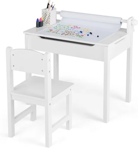 Miniatura 10 de HONEY JOY Juego de mesa y silla para niños, escritorio de madera y silla con cajón, portarollos de papel y 2 bolígrafos, juego de mesa de blanco 1