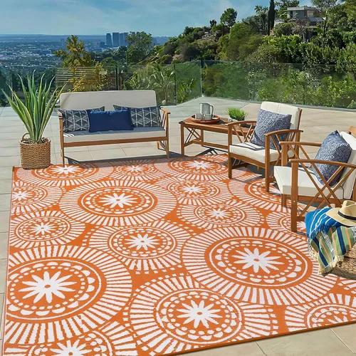 Miniatura 18 de Ileading Alfombra de Paja de Plástico para Exteriores 5x8 pies Estilo Floral Divertido Alfombras de Área Reversibles para Patio Impermeables