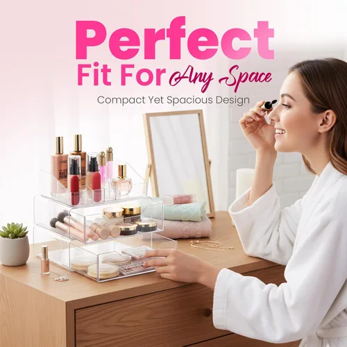 Miniatura 5 de Masirs Organizador de maquillaje acrílico transparente con cajones, almacenamiento de tocador cosmético para cuidado de la piel, accesorios
