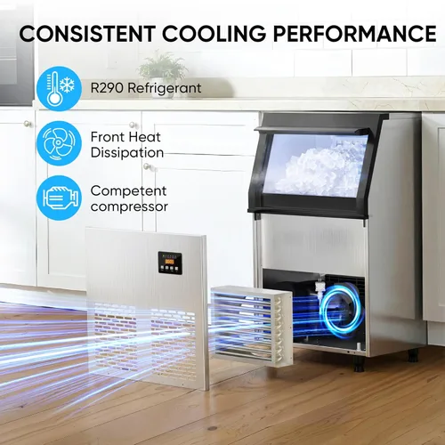 Miniatura 9 de Coolski Máquina de hielo comercial, 200 libras por día, máquina de hielo independiente de acero inoxidable, 45 cubos en 12 minutos, autolimpiante
