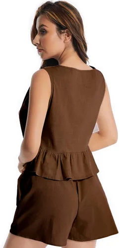 Miniatura 4 de FIHCH Conjunto de 2 piezas de lino para mujer, conjunto casual de 2 piezas, camiseta sin mangas, pantalones cortos con cordón, bolsillos, conjunto