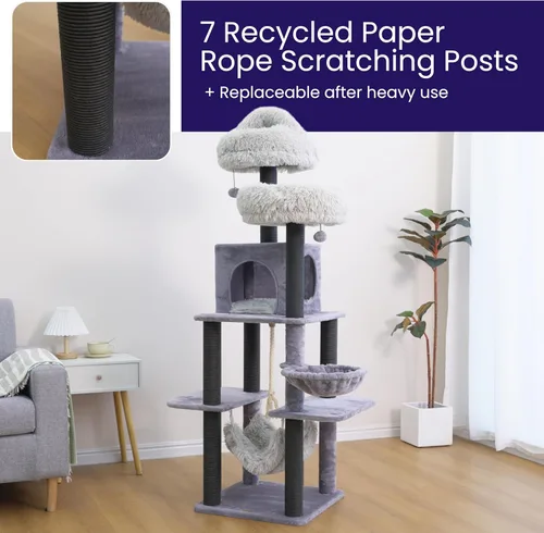Miniatura 5 de Catry Bradbury - Árbol para gatos moderno de 7 niveles y 62.5 pulgadas con postes rascadores reemplazables, condominio grande, dos camas lavables