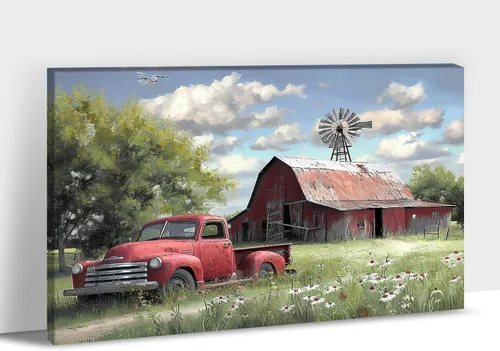 Lienzo de pared de camión antiguo de granja, arte de pared de granero rústico, impresiones de lienzo de camioneta vintage de campo, impresiones de
