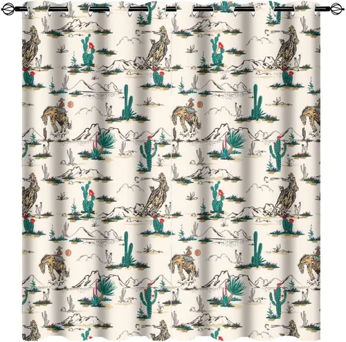 Miniatura 42 de Cortinas opacas retro de vaquero occidental para dormitorio, estilo rústico, cactus, salvaje oeste, vaquero, paseo, caballo, con ojales, aislamiento
