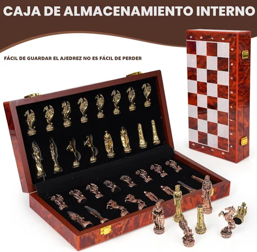 Miniatura 4 de Juego de ajedrez vintage de metal para adultos y niños, tablero de madera de 15 pulgadas con piezas de metal, juego de ajedrez de viaje, juego