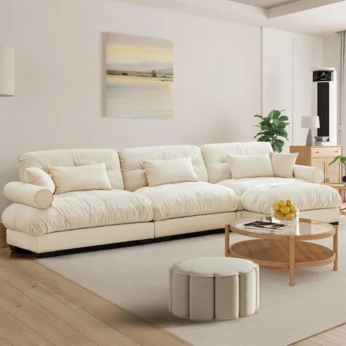 Miniatura 86 de Reposapiés Otomano Tapizado de Terciopelo con Cojín para Sofá Seccional Sofá 300 libras para Sala de Estar (Beige)
