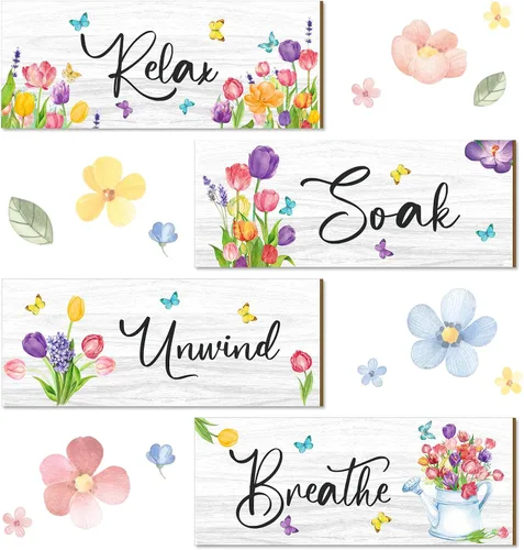 Miniatura 9 de Sunnyray 4 carteles de decoración de pared de baño de granja, margaritas y mariposas, arte de pared para baño, relajarse y relajarse, respirar, Azul