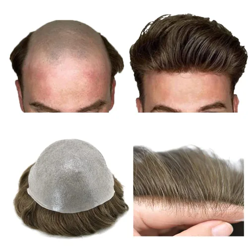 Miniatura 58 de Toupee para hombres pieza de pelo 0.002 in piel ultra fina para hombre Toupee cabello humano gris sistema de reemplazo para hombres sistema