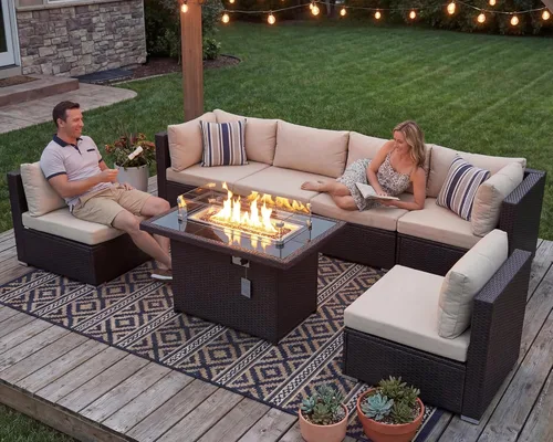 Miniatura 3 de NICESOUL Juego de muebles de patio para exteriores de 7 piezas con mesa para hoguera, gas natural y propano convertible, respaldo alto de 29.3