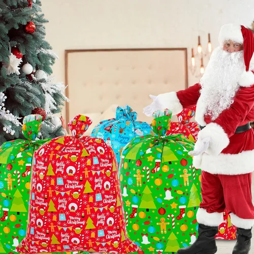 Miniatura 8 de OuMuaMua Paquete de 3 Bolsas Grandes de Regalo de Navidad - 49" x 35.5" Bolsas Jumbo de Plástico para Envolver Regalos de Navidad Reutilizables