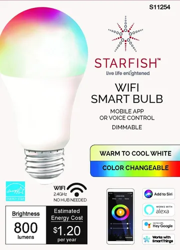 Miniatura 7 de Satco S11254 Starfish - Bombilla LED inteligente A19 de 10 vatios que cambia de color, funciona con Siri, Alexa, Google Assistant, SmartThings