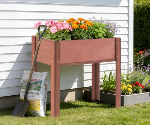 Miniatura 2 de Cama de jardín elevada con patas (31 x 16 x 31 pulgadas), maceta elevada de madera maciza para exteriores Marrón