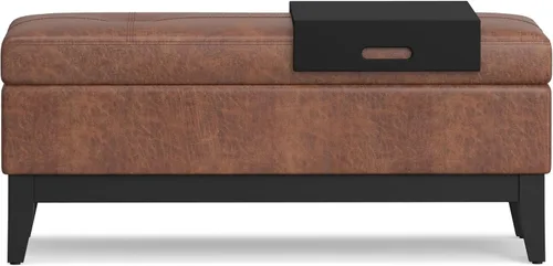 Miniatura 6 de SIMPLIHOME Oregon - Banco otomano de almacenamiento con bandeja, banco otomano rectangular de cuero vegano de 42 pulgadas de ancho, color marrón