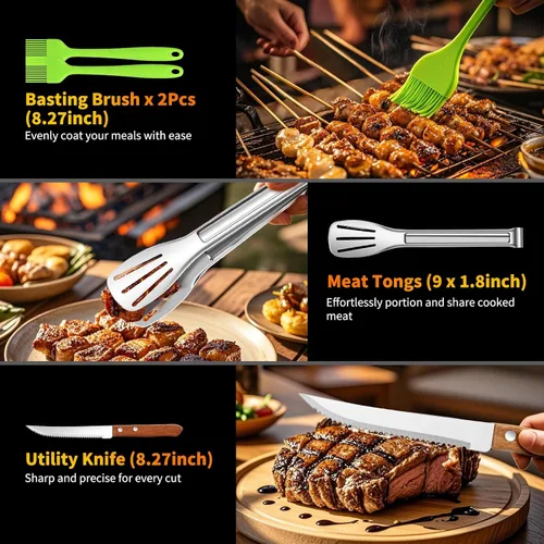 Miniatura 7 de Juego de accesorios para parrilla de 16 pulgadas, herramientas de accesorios para barbacoa de acero inoxidable resistente y accesorios para parrilla