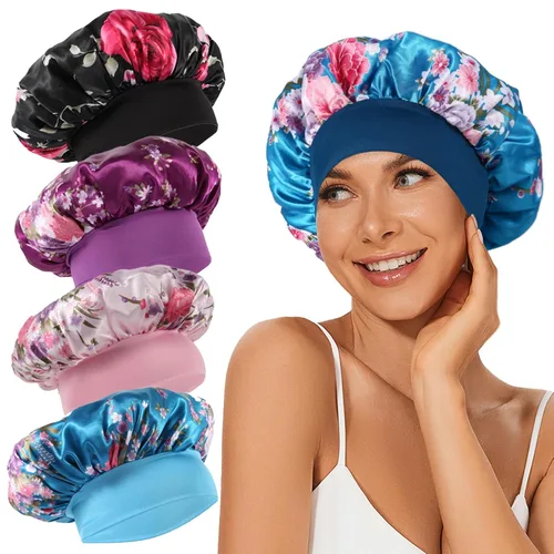 Miniatura 8 de 4 piezas de gorro de satén de seda, gorro de cabello para dormir, gorro de seda elástica de banda ancha para dormir, suave y transpirable