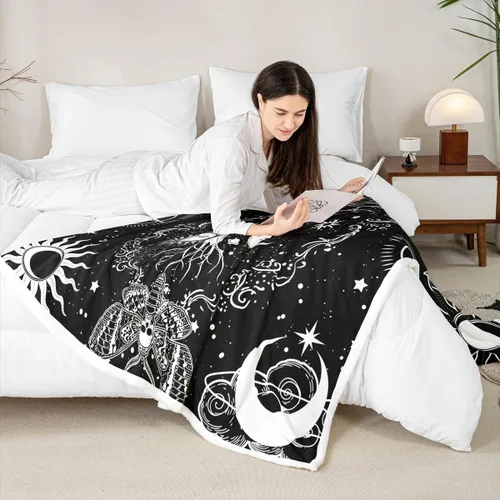 Miniatura 7 de Erosebridal Manta de árbol de la vida, sol y luna para sofá cama, manta de forro polar gótico de polilla trippy, manta de sherpa cósmica