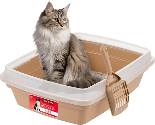 Caja de arena para gatos IRIS USA, con tapa abierta y cuchara, bandeja de plástico fácil de limpiar para gatos y gatitos de interior, color beige