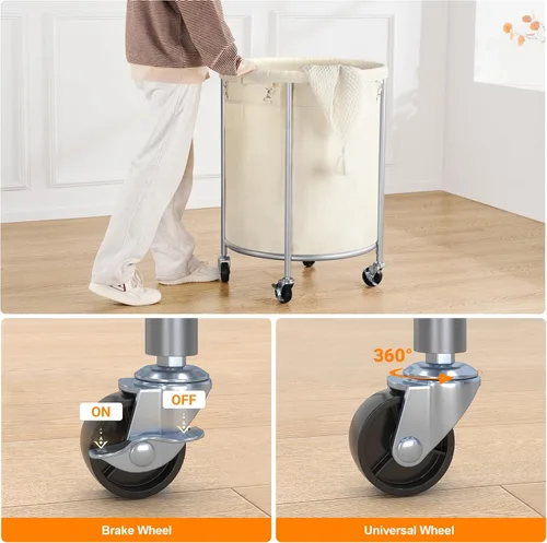 Miniatura 3 de ELYKEN Cesta de lavandería con ruedas, cesta de lavandería rodante de 170L con bolsa extraíble y marco de acero, carrito de lavandería redondo con 4