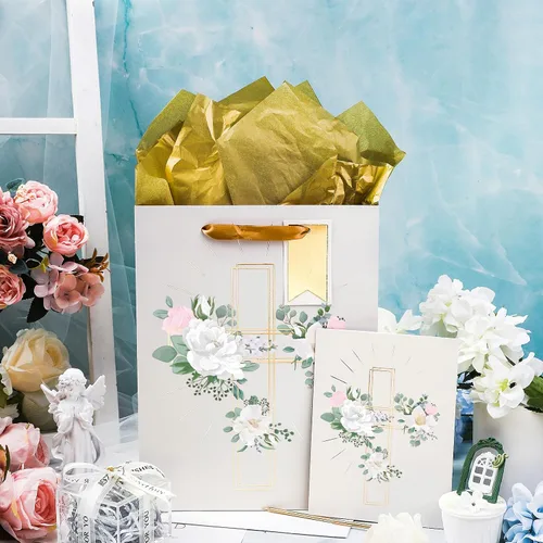 Miniatura 5 de LeZakaa Bolsa de regalo de cruz de 13 pulgadas con diseño de flores, bolsa de regalo cristiana plateada con papel de seda, etiqueta de regalo y Cruz