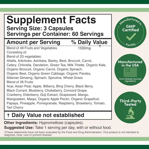 Miniatura 2 de Double Wood Suplemento de frutas y verduras (mezcla diaria de 49 frutas y verduras diferentes, 23 verduras y 29 frutas) porciones de 1,500 mg, 180