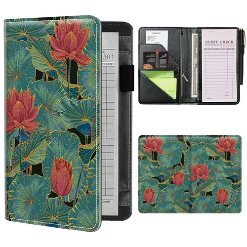 Libros de servidor para camarera/camarero con bolsillo con cremallera, lindas almohadillas de servidor de cuero con arte de loto, organizador para