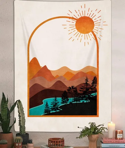 Miniatura 11 de DYNH Tapiz vertical bohemio de montaña, bosque natural, árbol, lago, sol, tapiz bohemio minimalista de mediados de siglo, tapiz para colgar