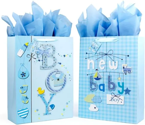 Golden J Store Bolsas de regalo extra grandes de 16.5 pulgadas con papel de seda para baby showers, paquete de 2 (azul)