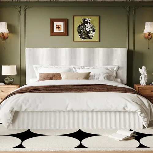 Miniatura 14 de Allewie Base de cama matrimonial, cama tapizada, cabecera capitoné de canal vertical ajustable, tela de pana, perfil bajo moderno, listones