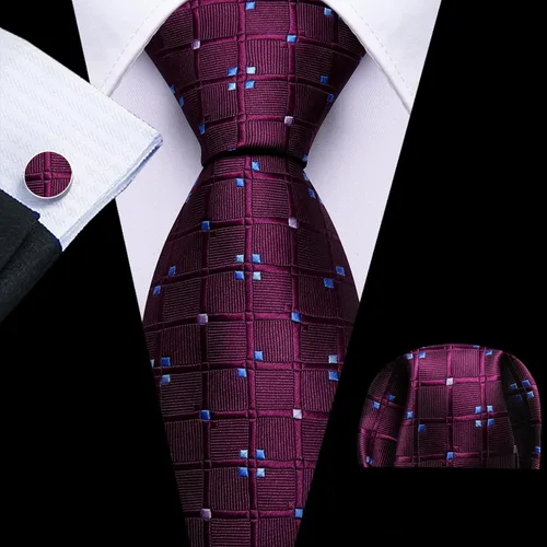Miniatura 107 de Barry.Wang Juego de corbatas a cuadros para hombre con pañuelo gemelos de rayas clásicas