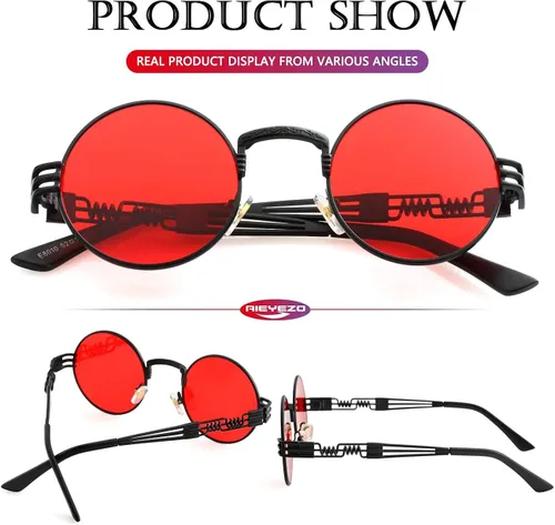 Miniatura 7 de AIEYEZO Gafas de sol redondas steampunk Circle Lennon Hippie marco de metal lente de bloqueo UV 100