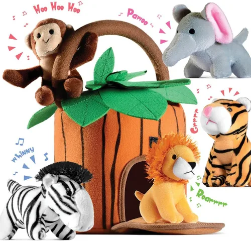 Play22 Juego de 6 piezas de animales de la selva parlantes de felpa con transportador para niños, bebés y niños pequeños, elefante, tigre, león,